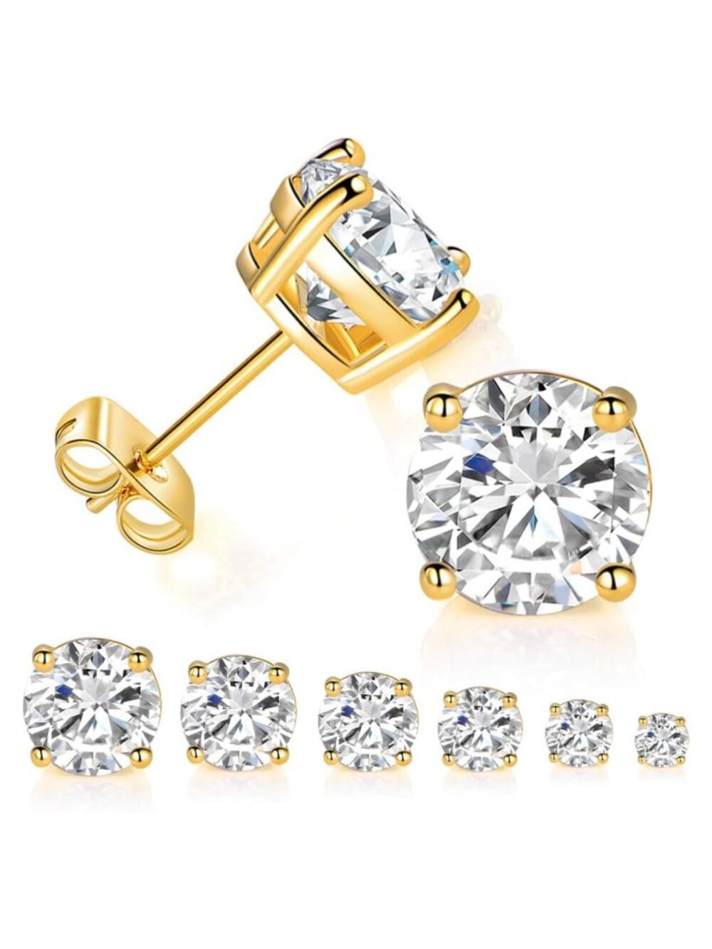 14K Gold Plated Round Cut CZ Stud Earrings 6 Pairs Set